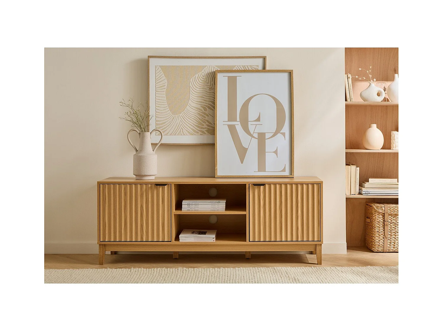 Meuble TV 2 niches et 2 portes aux façades effet vague L140 cm - BOLOGNE