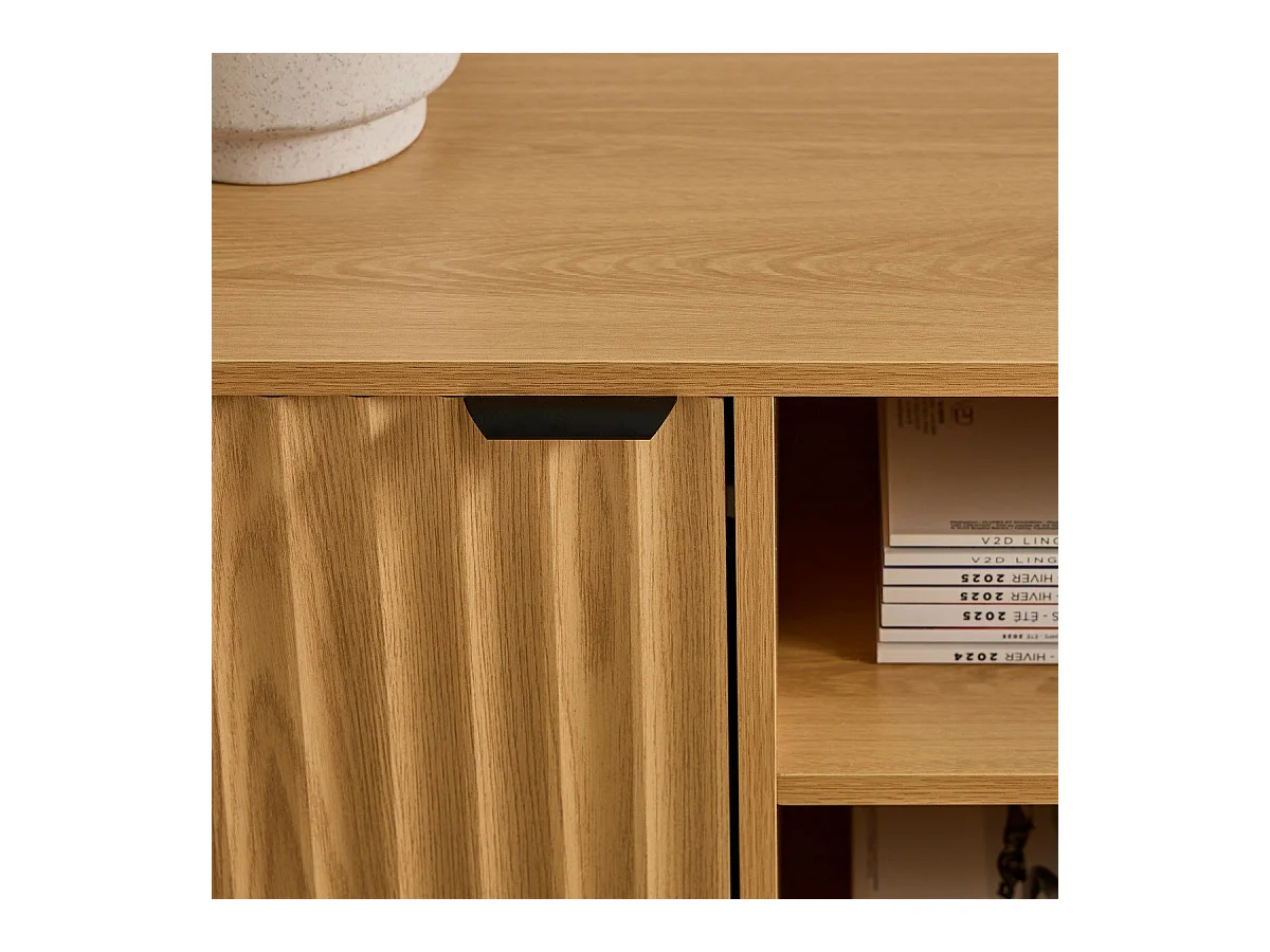 Meuble TV 2 niches et 2 portes aux façades effet vague L140 cm - BOLOGNE