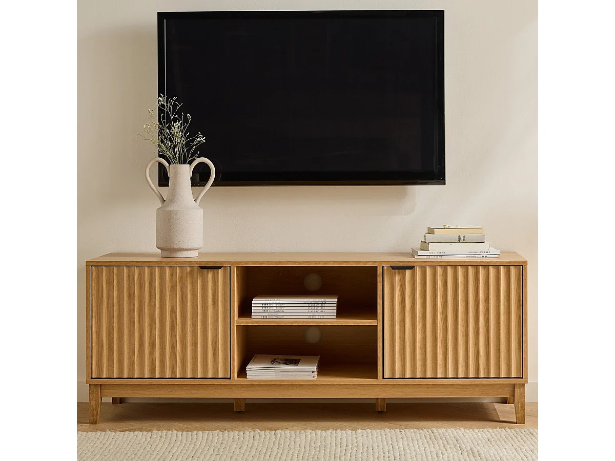 Meuble TV 2 niches et 2 portes aux façades effet vague L140 cm - BOLOGNE