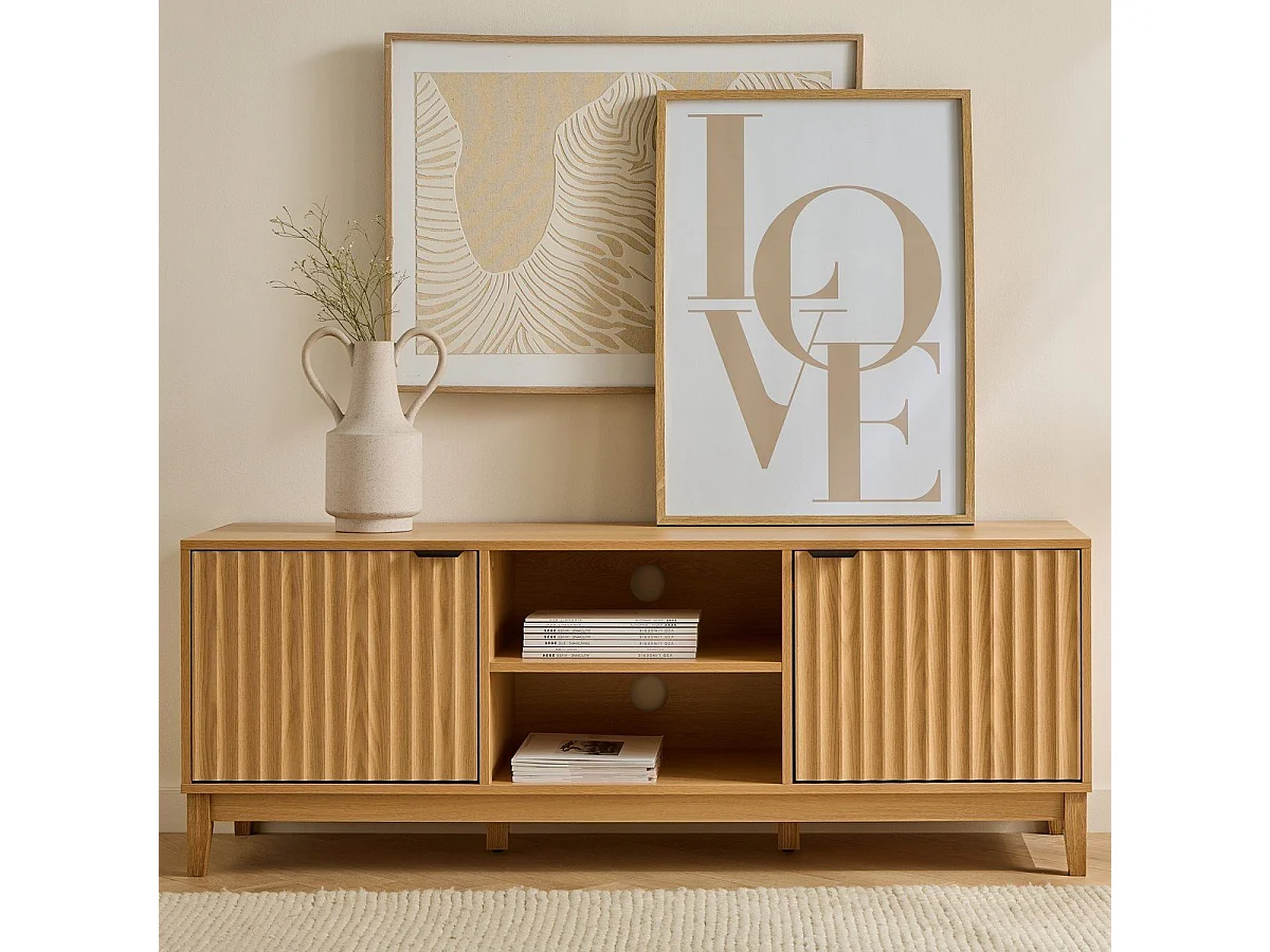 Meuble TV 2 niches et 2 portes aux façades effet vague L140 cm - BOLOGNE