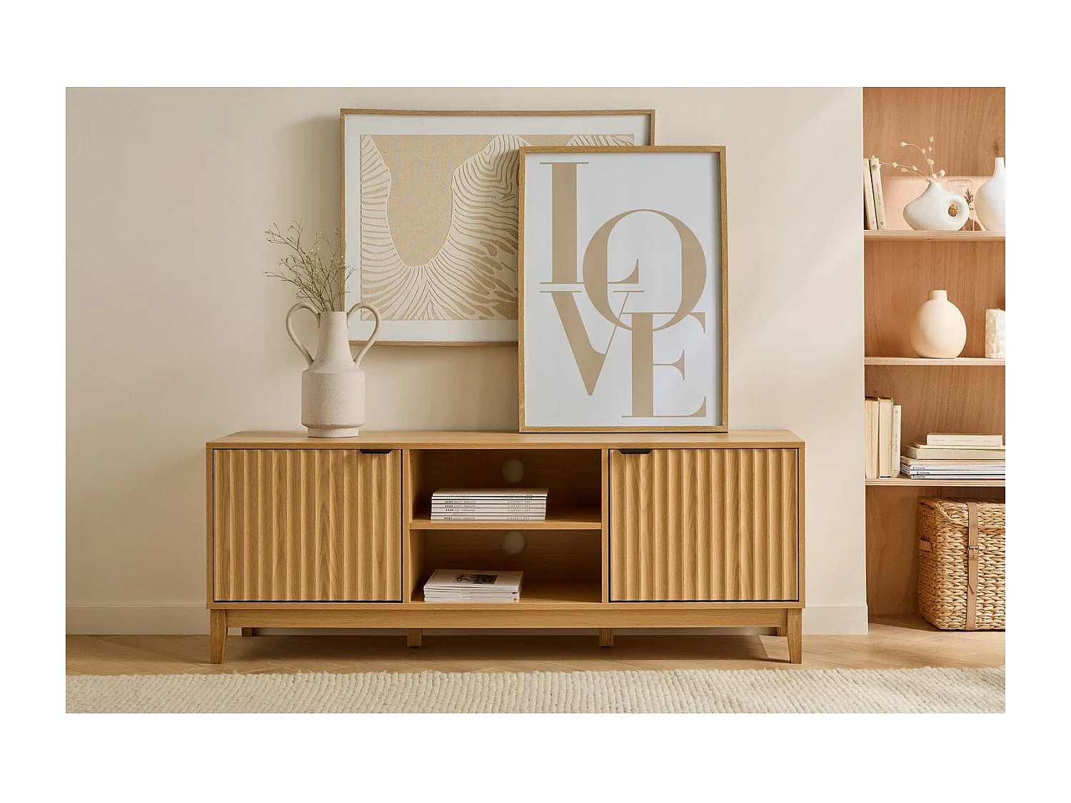 Meuble TV 2 niches et 2 portes aux façades effet vague L140 cm - BOLOGNE