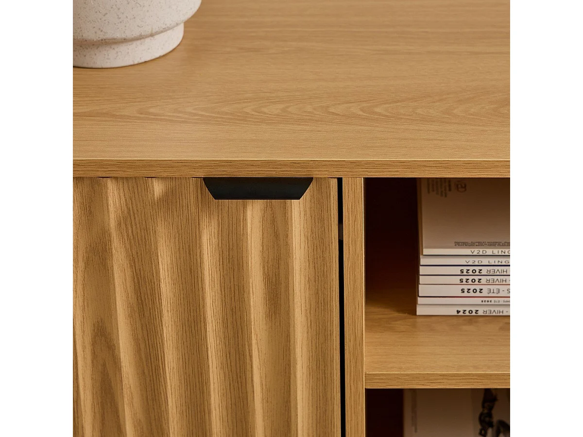 Meuble TV 2 niches et 2 portes aux façades effet vague L140 cm - BOLOGNE