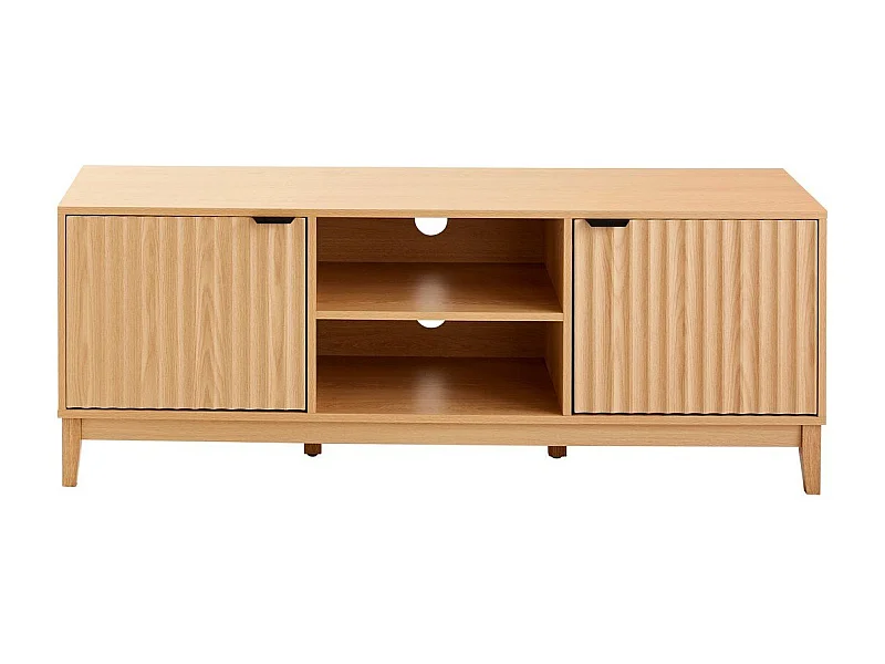 TV-Möbel mit 2 offenen Fächern und 2 Türen mit geriffelter Front L140 cm - BOLOGNE