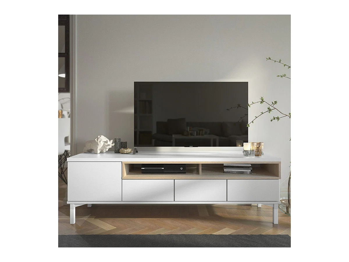 Meuble TV 1 porte, 3 tiroirs et 2 niches L156 cm - APRIL