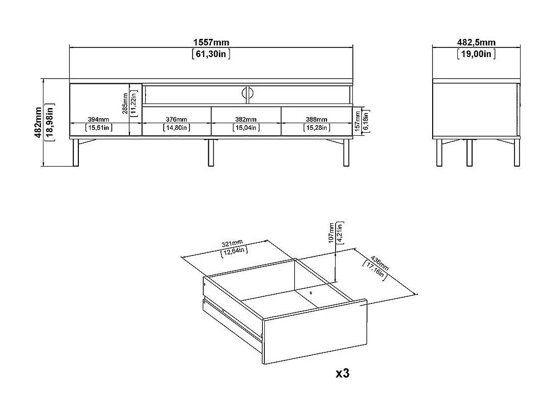 Meuble TV 1 porte, 3 tiroirs et 2 niches L156 cm - APRIL