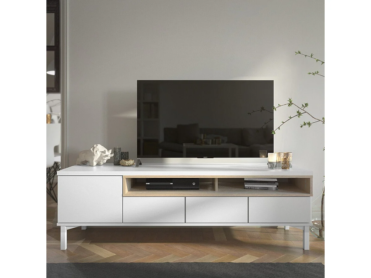 Meuble TV 1 porte, 3 tiroirs et 2 niches L156 cm - APRIL