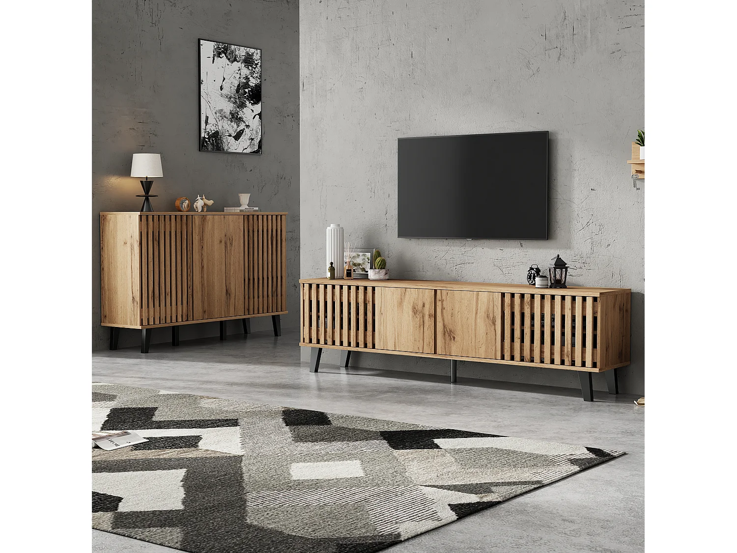 TV-meubel - 180 x 40 x 55 cm + dressoir - 150 x 40 x 95 cm - met opbergruimte - voor woonkamer + slaapkamer - spaanplaat - naturel