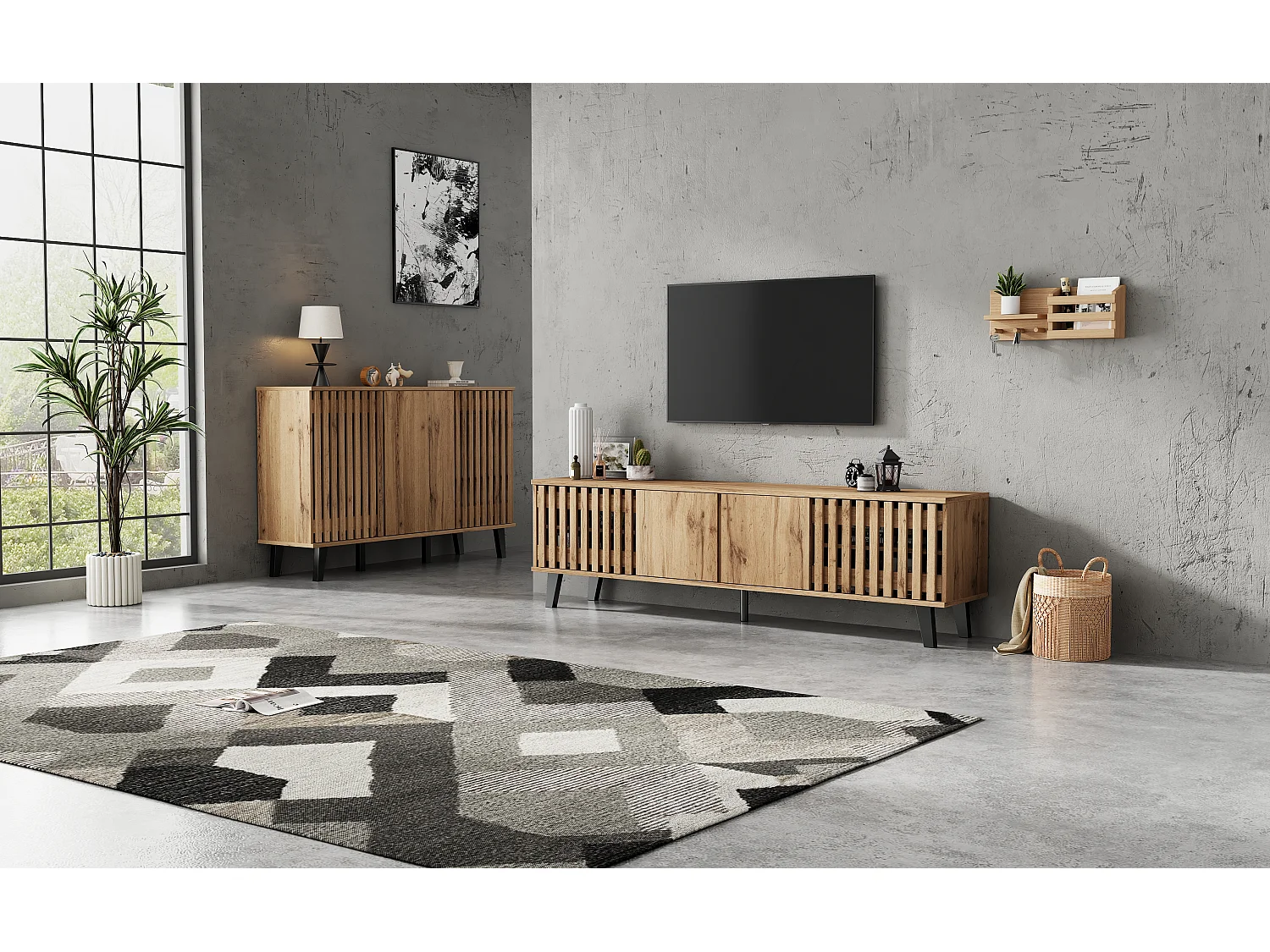 TV-meubel - 180 x 40 x 55 cm + dressoir - 150 x 40 x 95 cm - met opbergruimte - voor woonkamer + slaapkamer - spaanplaat - naturel