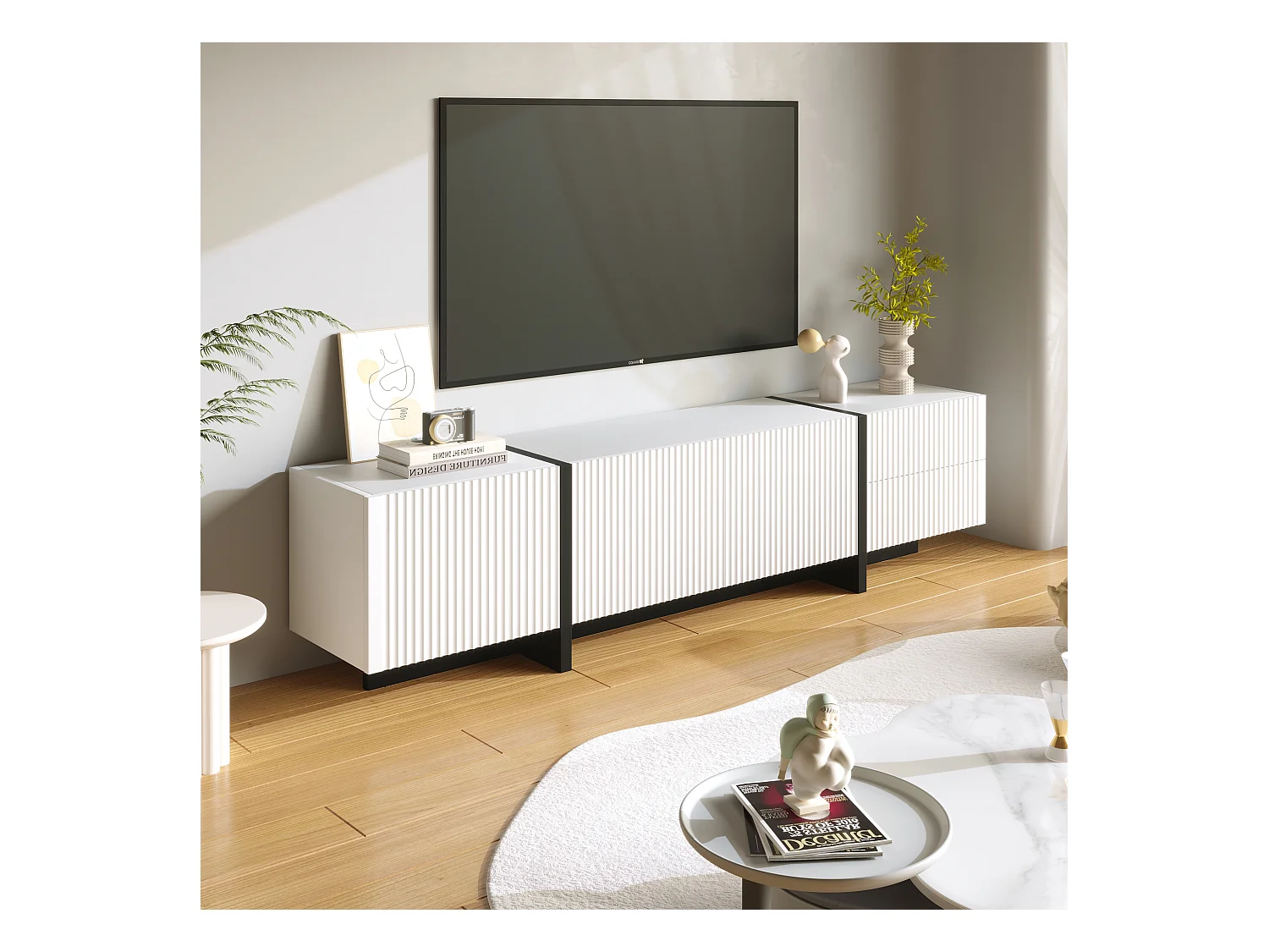 Mueble de TV con 3 puertas y 2 cajones, cuerpo ranurado en color blanco con detalles en negro - 190x35x45cm