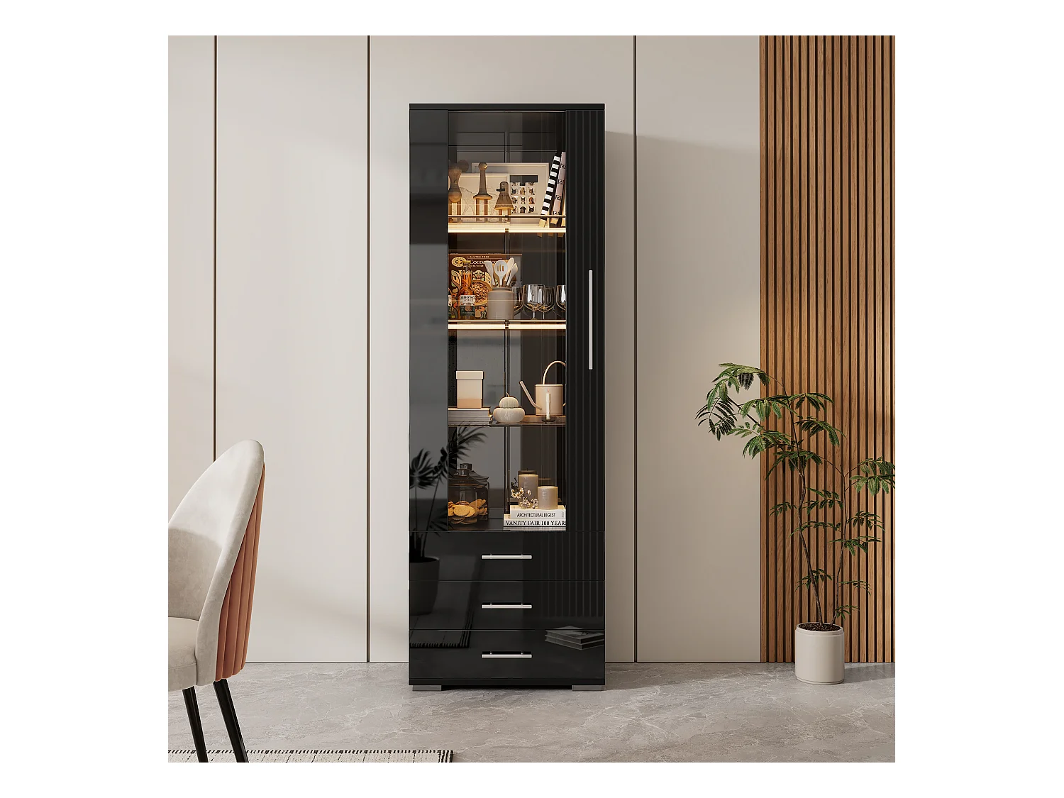 Vitrine brillante en verre - 60 x 180 x 35 - avec Leds - vitrine verticale à 3 tiroirs - MDF - noir