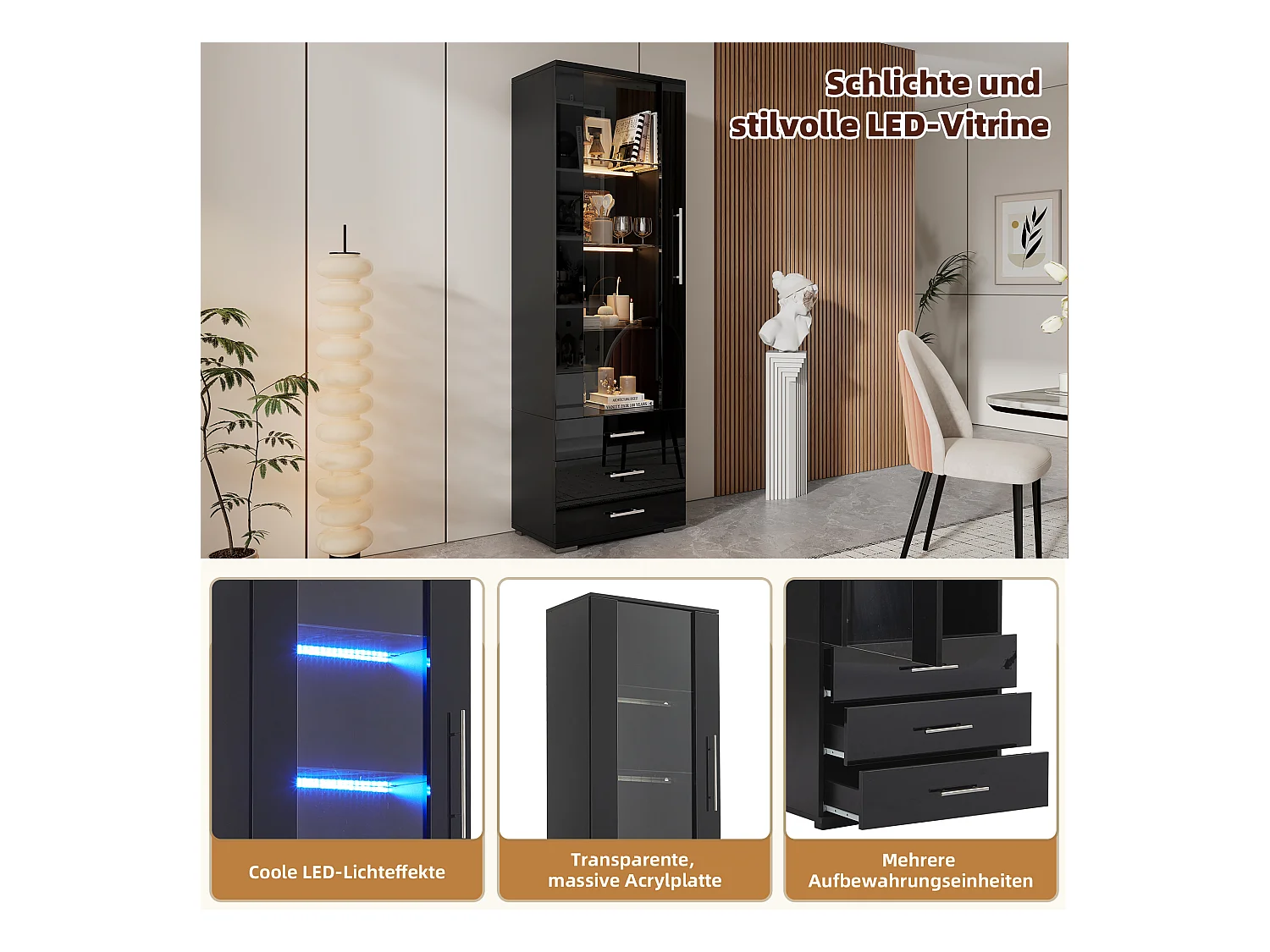 Vitrine brillante en verre - 60 x 180 x 35 - avec Leds - vitrine verticale à 3 tiroirs - MDF - noir