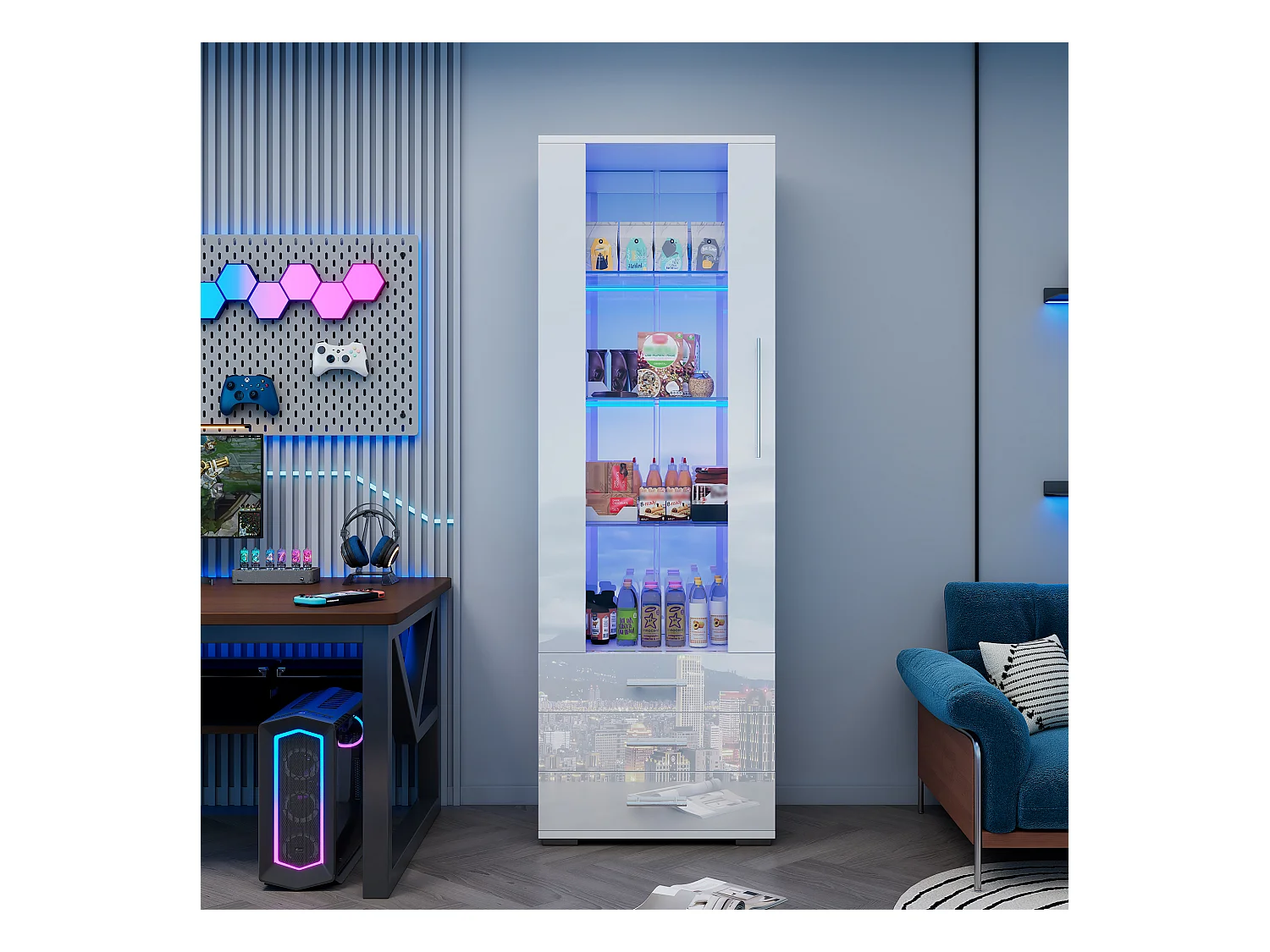 Vitrine brillante en verre - 60 x 180 x 35 - avec Leds - vitrine verticale à 3 tiroirs - MDF - blanc