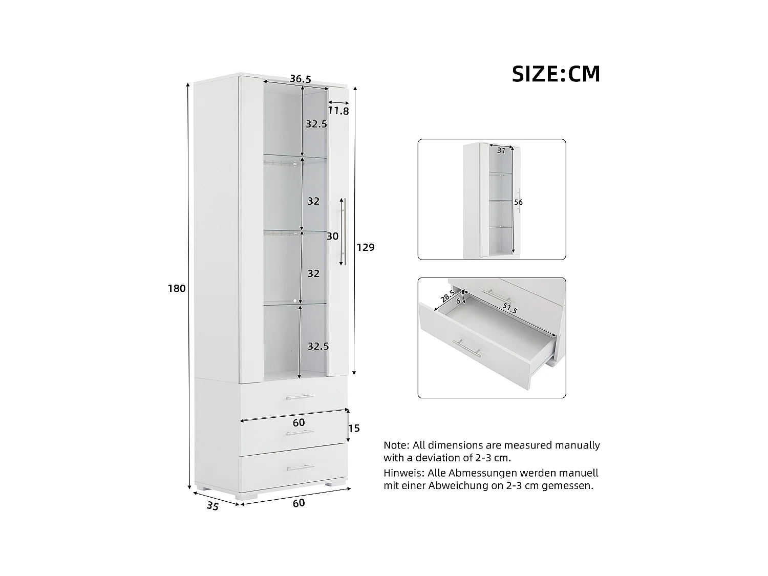 Vitrine brillante en verre - 60 x 180 x 35 - avec Leds - vitrine verticale à 3 tiroirs - MDF - blanc
