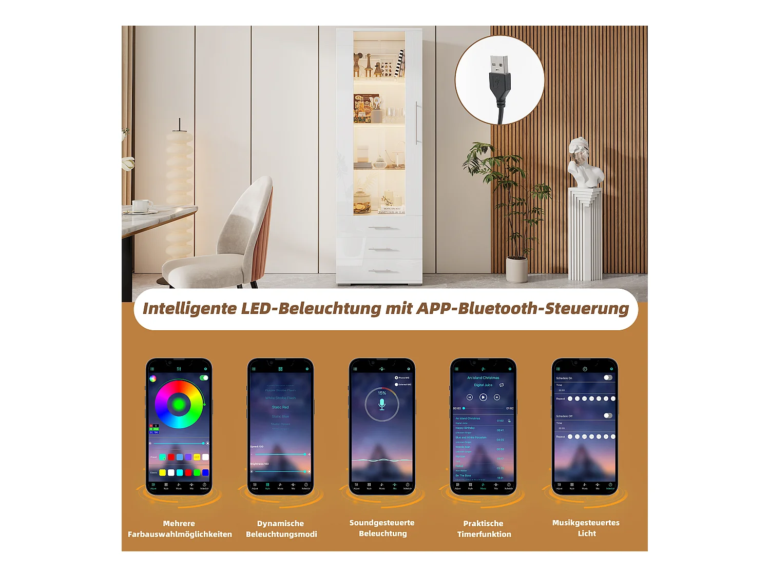 Vitrine brillante en verre - 60 x 180 x 35 - avec Leds - vitrine verticale à 3 tiroirs - MDF - blanc