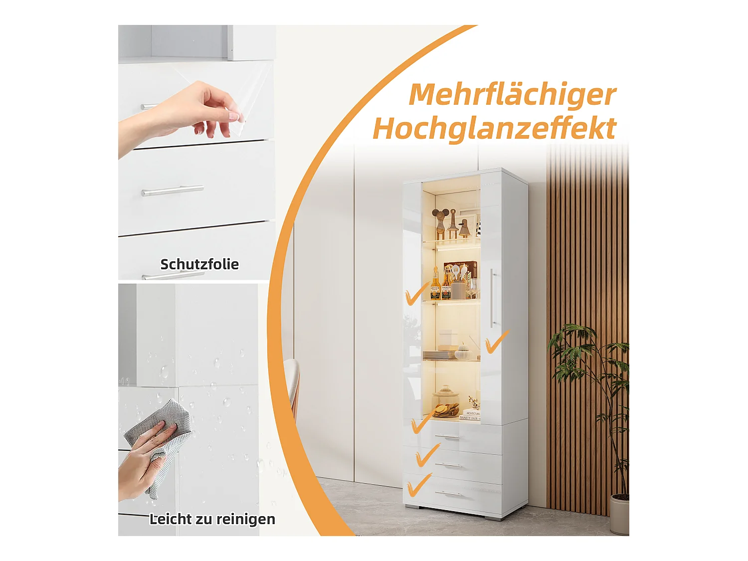 Vitrine brillante en verre - 60 x 180 x 35 - avec Leds - vitrine verticale à 3 tiroirs - MDF - blanc