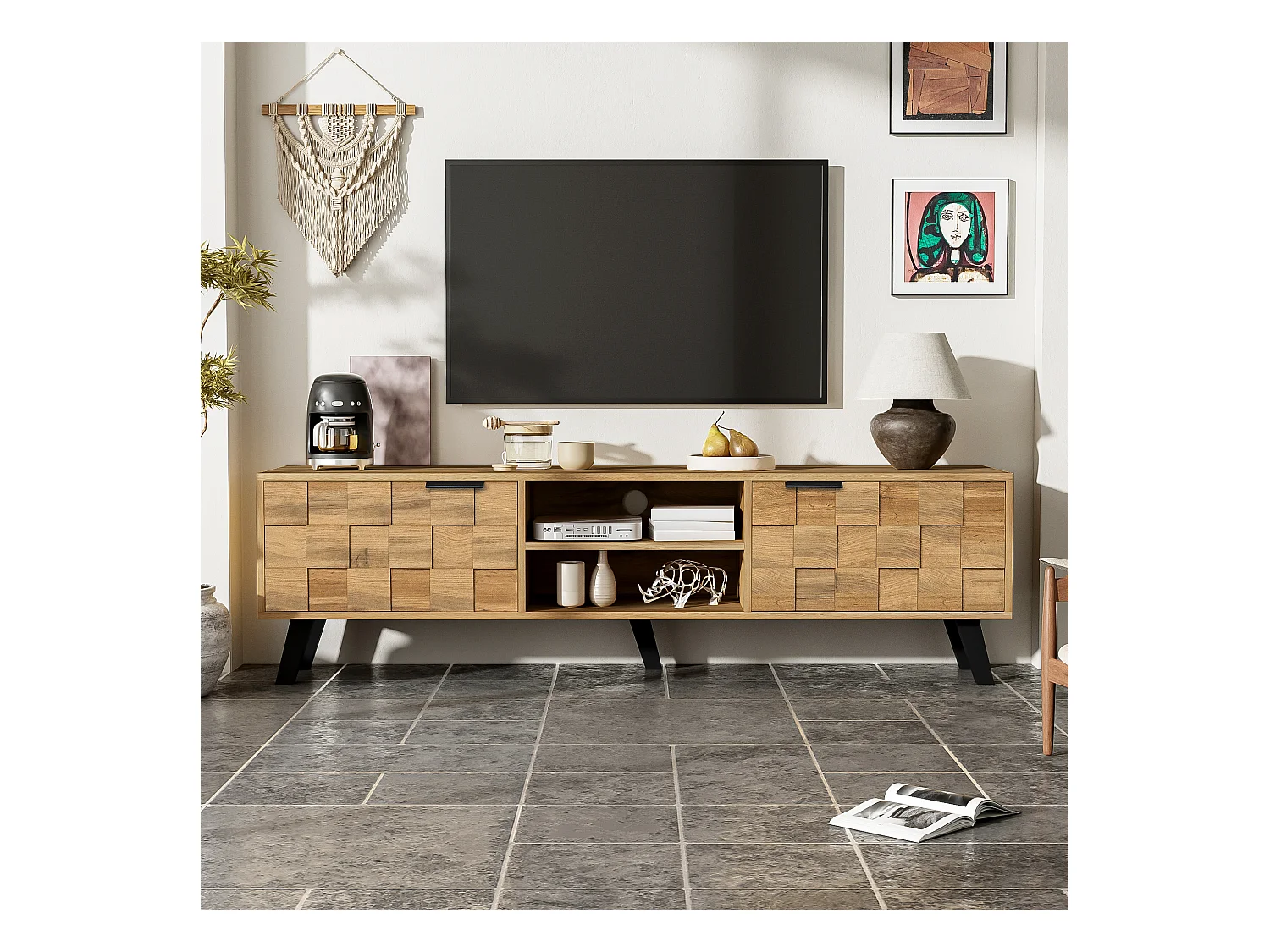 Meuble TV avec 2 portes et 2 niches, corps en finition bois avec pieds noir - 160.5x35.5x45cm