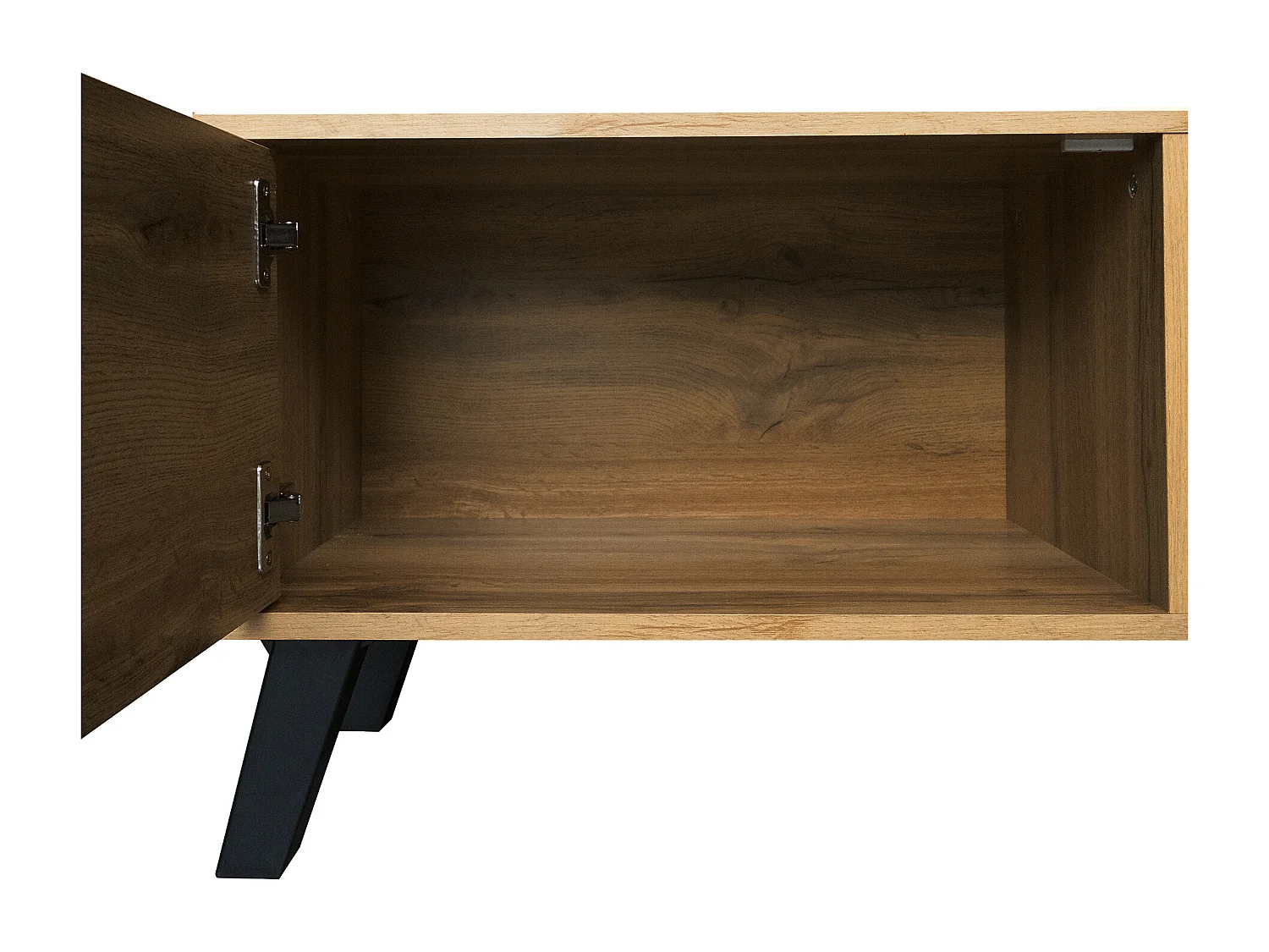 Meuble TV avec 2 portes et 2 niches, corps en finition bois avec pieds noir - 160.5x35.5x45cm