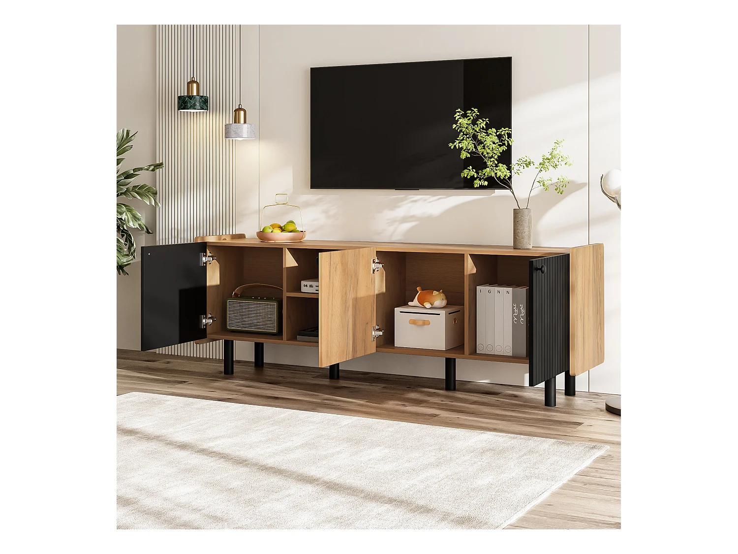 Meuble TV avec 3 portes et 2 niches, en finition bois naturel et noir - 160x38x57cm