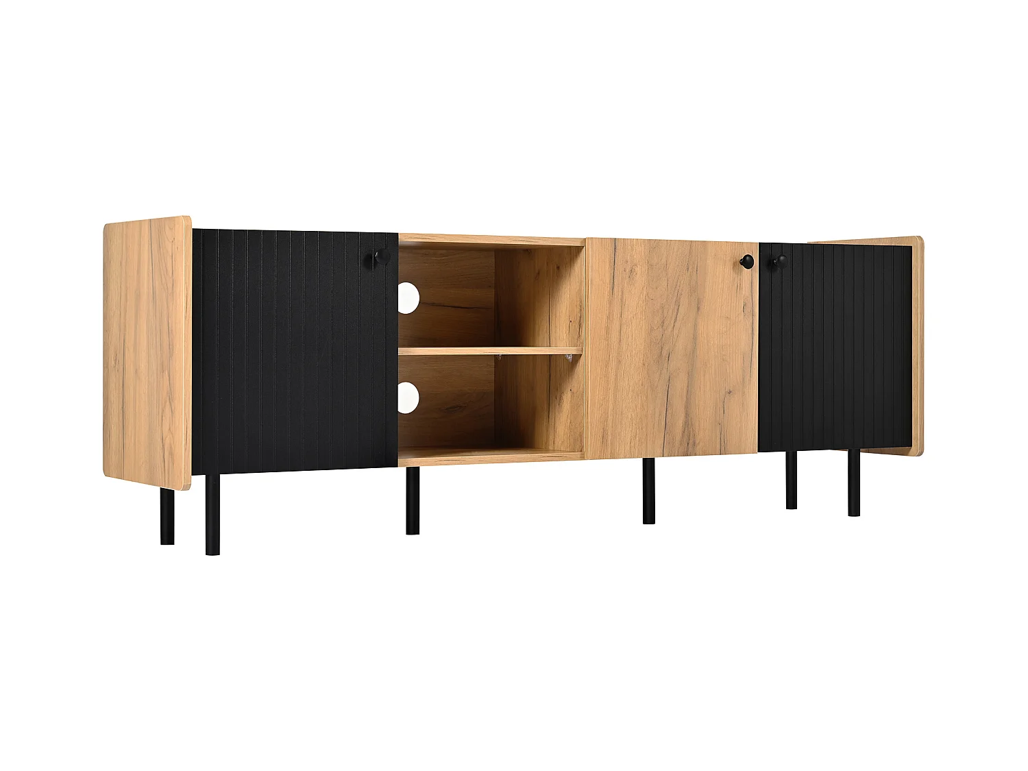 Meuble TV avec 3 portes et 2 niches, en finition bois naturel et noir - 160x38x57cm