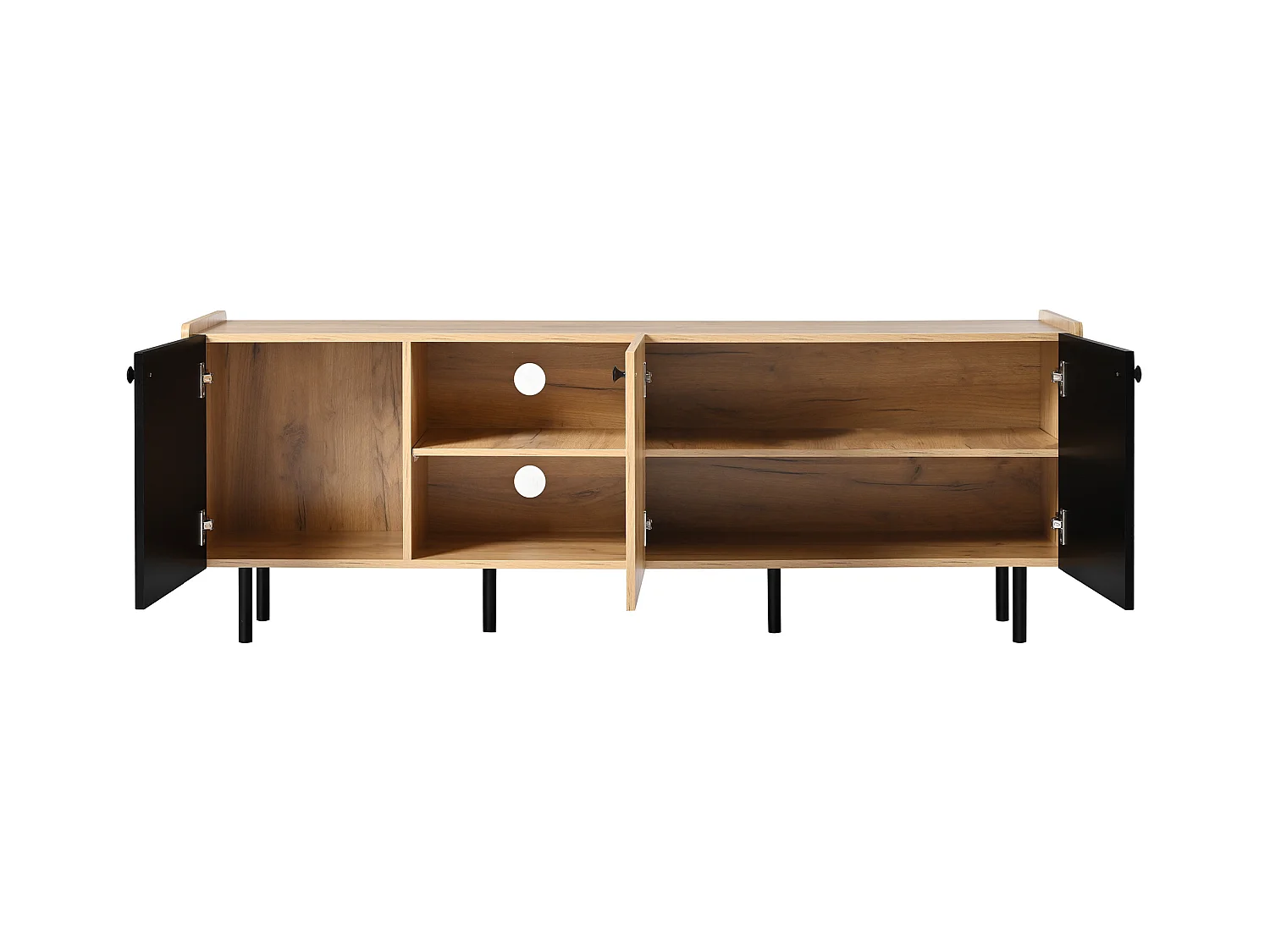 Meuble TV avec 3 portes et 2 niches, en finition bois naturel et noir - 160x38x57cm