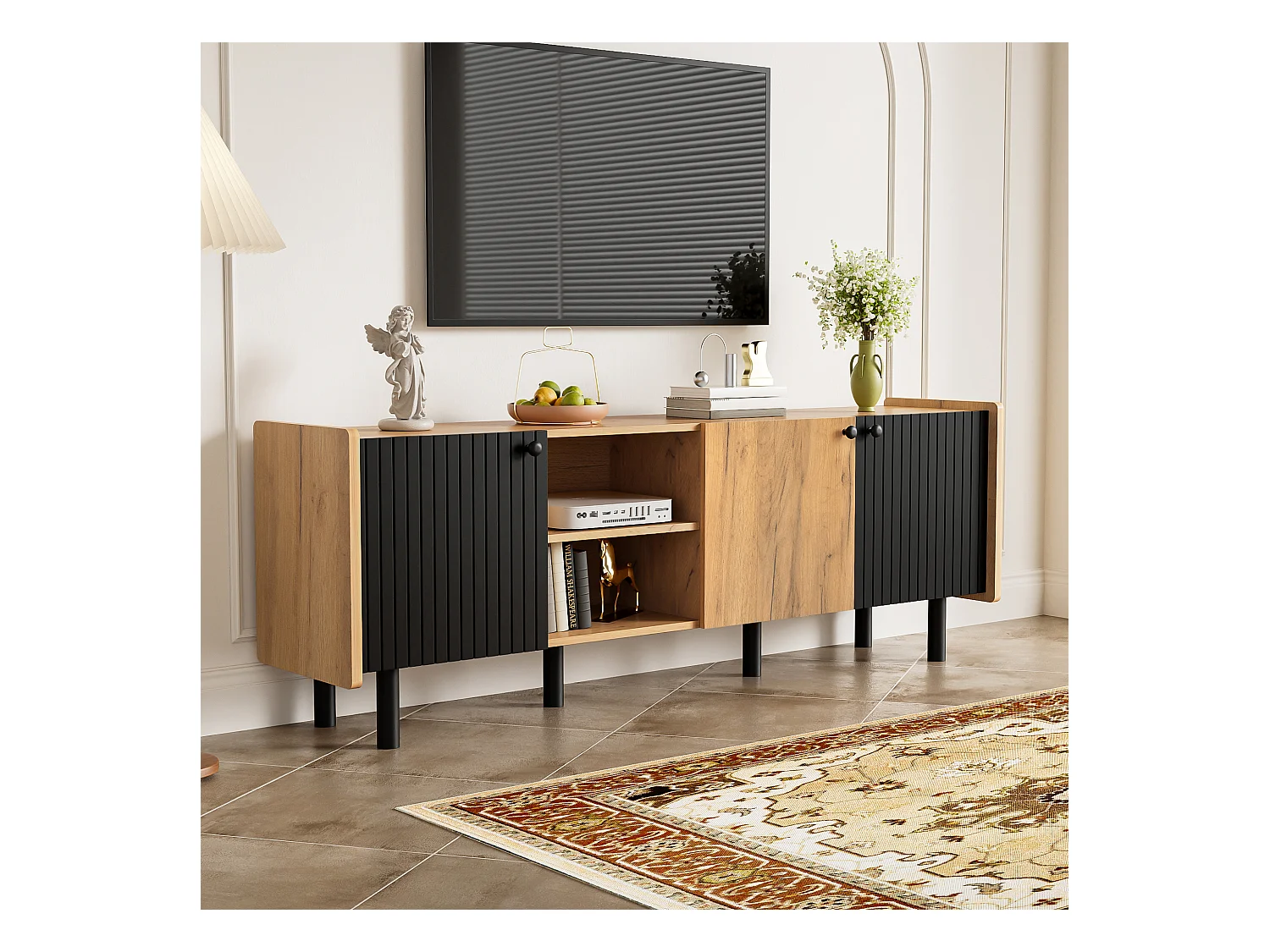 Meuble TV avec 3 portes et 2 niches, en finition bois naturel et noir - 160x38x57cm