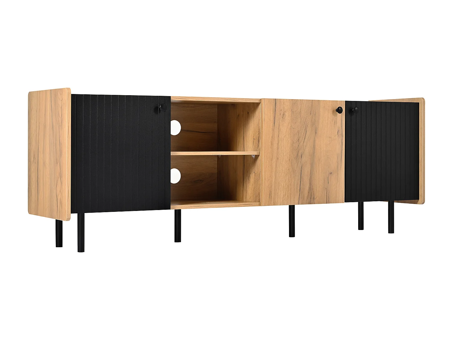 Meuble TV avec 3 portes et 2 niches, en finition bois naturel et noir - 160x38x57cm