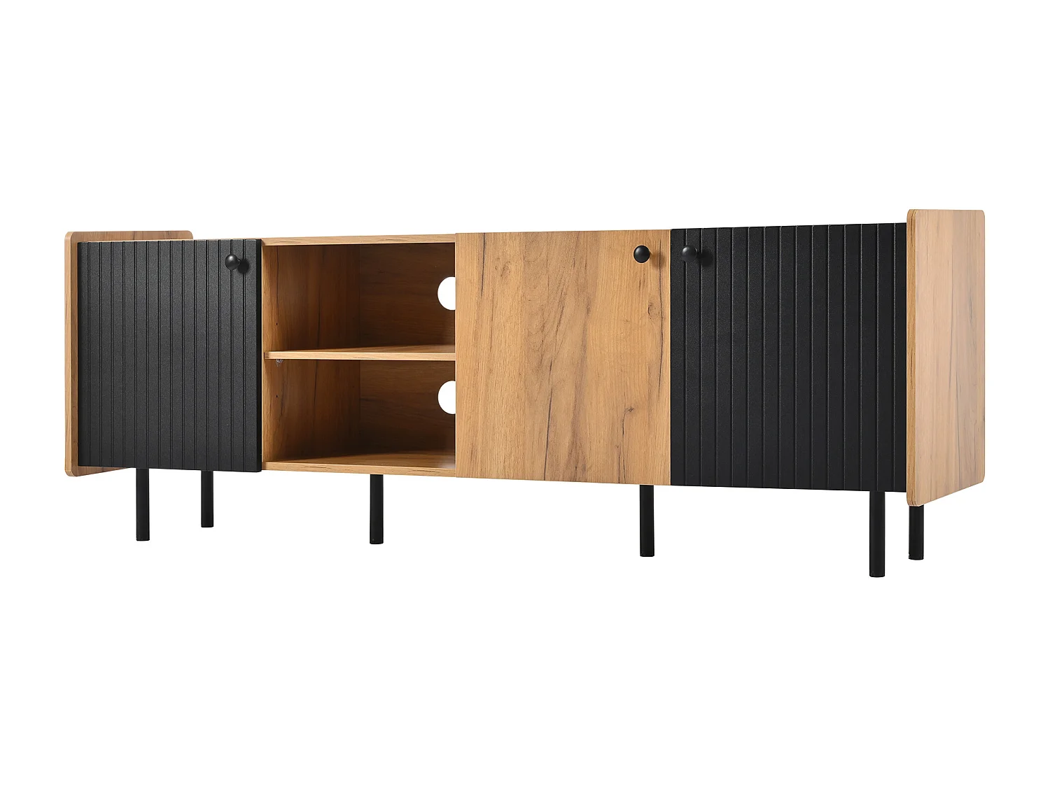 Meuble TV avec 3 portes et 2 niches, en finition bois naturel et noir - 160x38x57cm