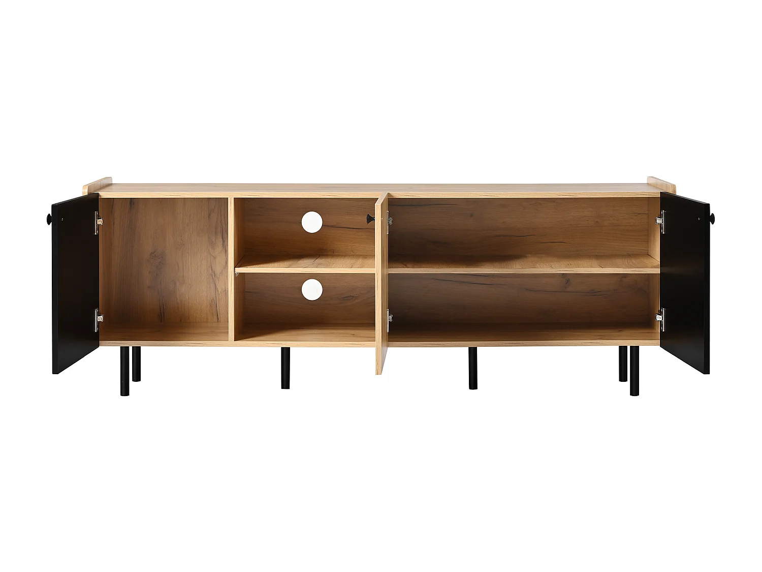 Meuble TV avec 3 portes et 2 niches, en finition bois naturel et noir - 160x38x57cm