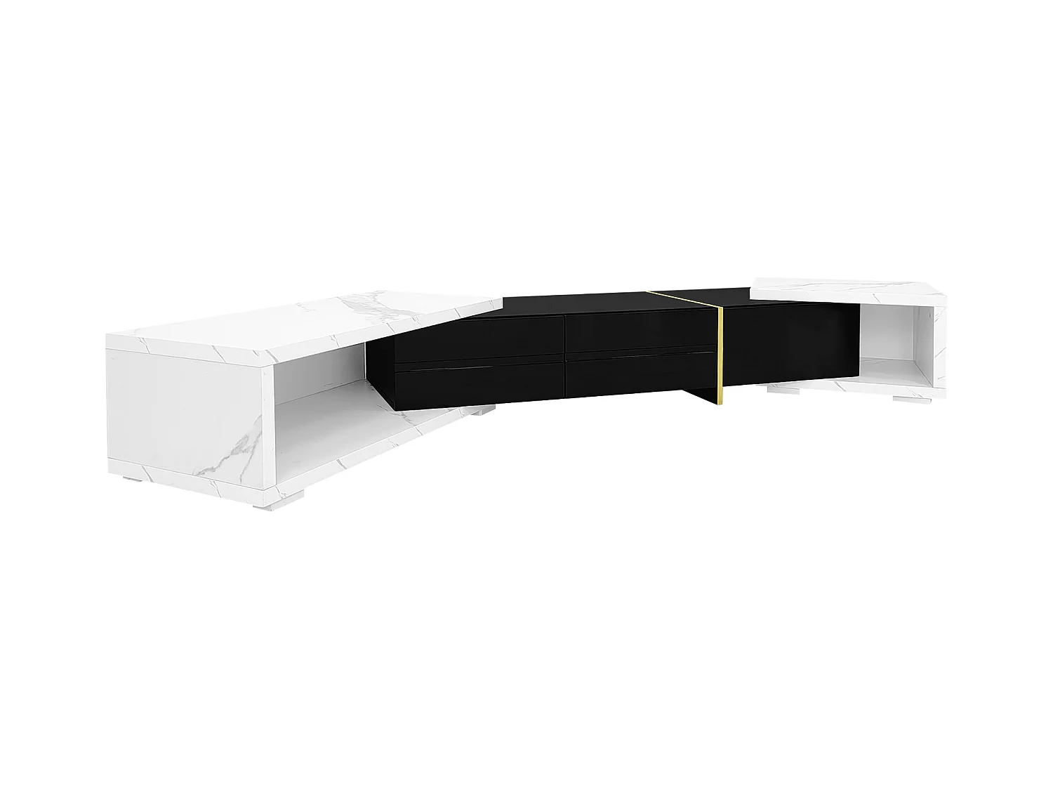 Móvel de TV com 3 portas, comprimento ajustável, frente em preto brilhante e laterais em folheado de mármore branco - 140/260x40x30cm