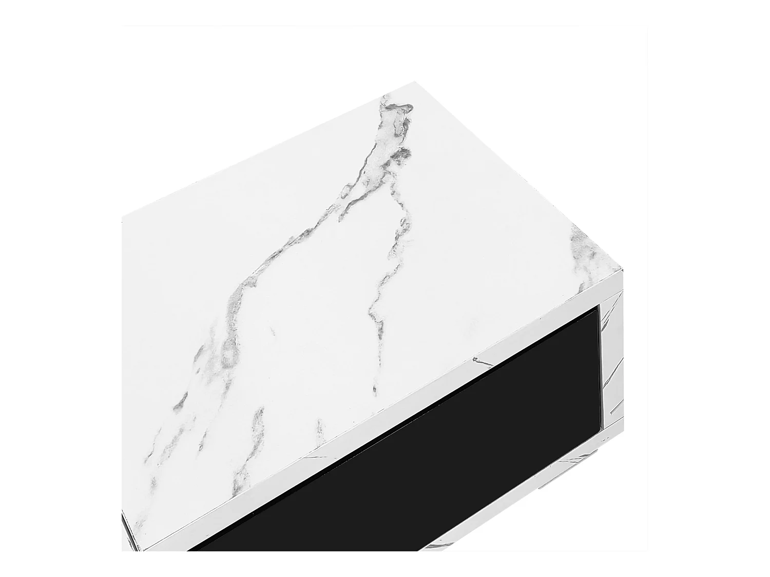 Móvel de TV com 3 portas, comprimento ajustável, frente em preto brilhante e laterais em folheado de mármore branco - 140/260x40x30cm