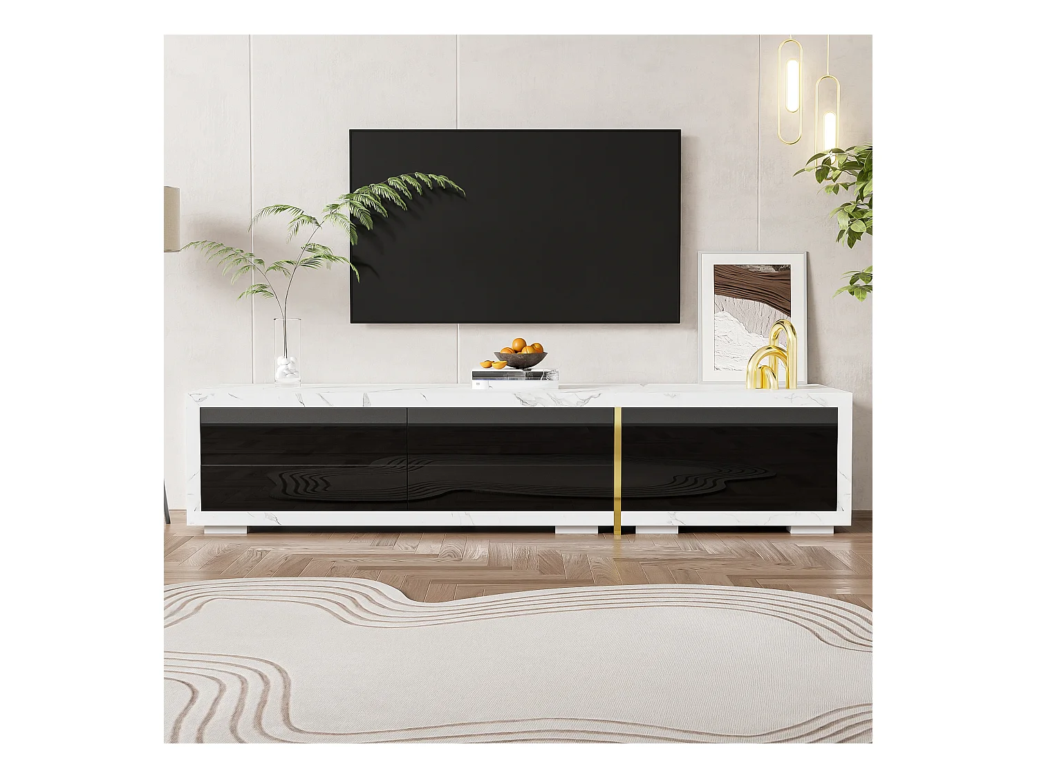 Meuble TV avec 3 portes, Longueur ajustable, façade noire brillante et côtés en placage marbre blanc - 140/260x40x30cm