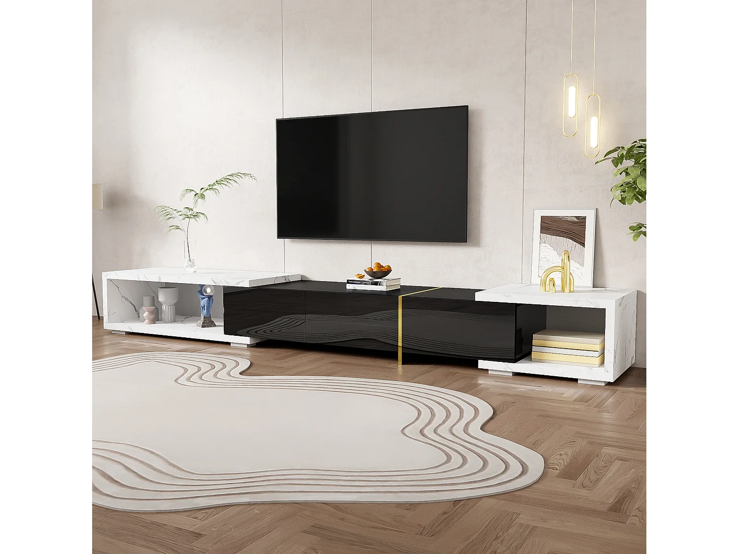 Meuble TV avec 3 portes, Longueur ajustable, façade noire brillante et côtés en placage marbre blanc - 140/260x40x30cm