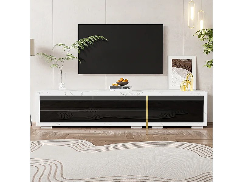 Meuble TV avec 3 portes, Longueur ajustable, façade noire brillante et côtés en placage marbre blanc - 140/260x40x30cm