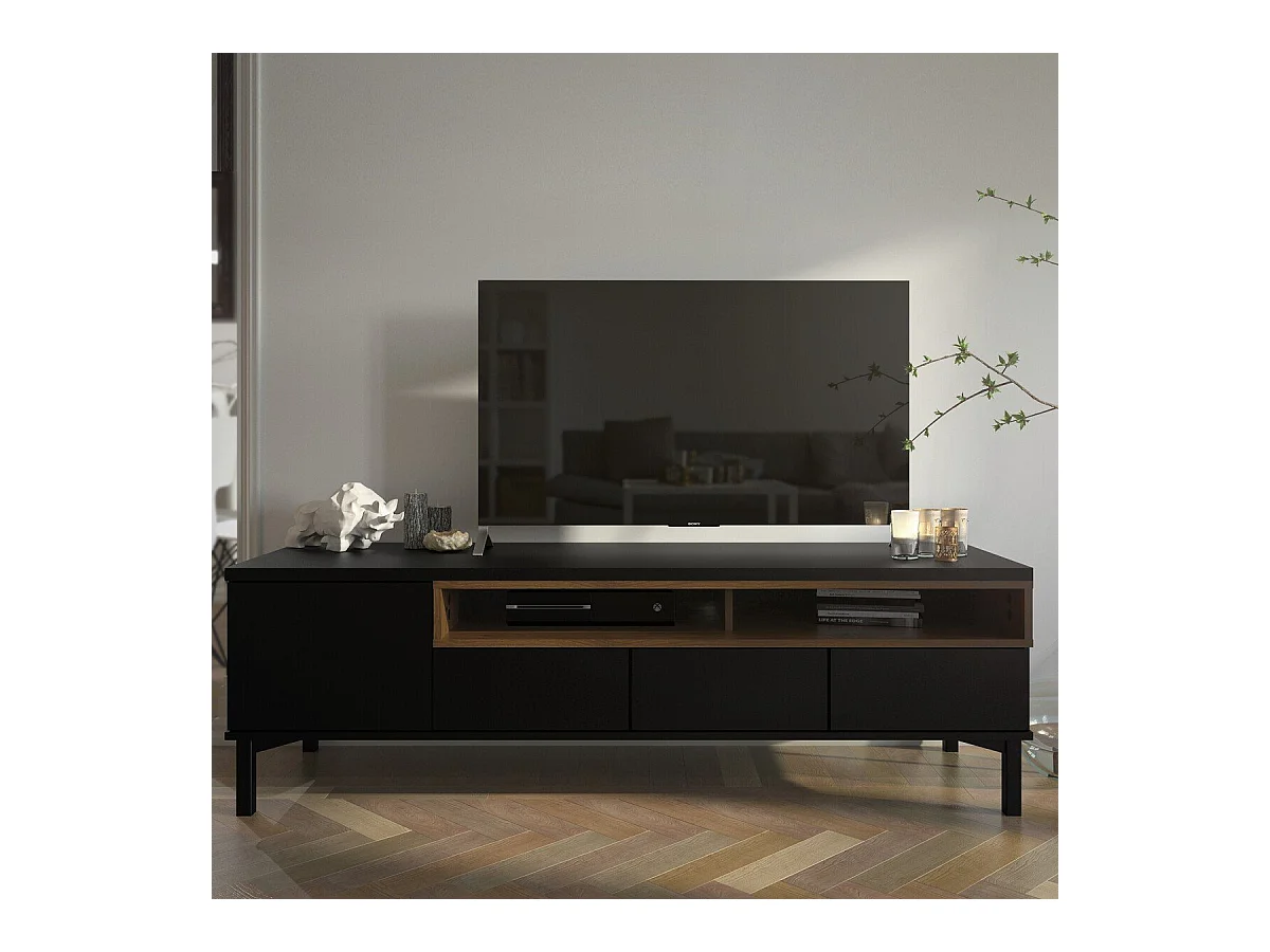 Meuble TV 1 porte, 3 tiroirs et 2 niches L156 cm - APRIL