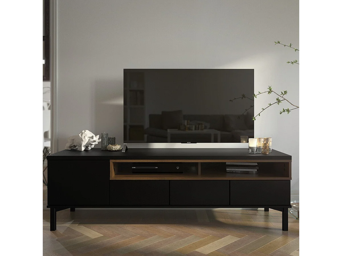 Meuble TV 1 porte, 3 tiroirs et 2 niches L156 cm - APRIL