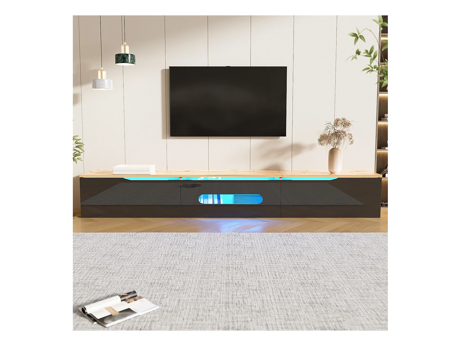 Móvel TV com 3 portas e LED, móvel TV de parede em laca preta brilhante e acabamento em madeira - 180x35x30cm