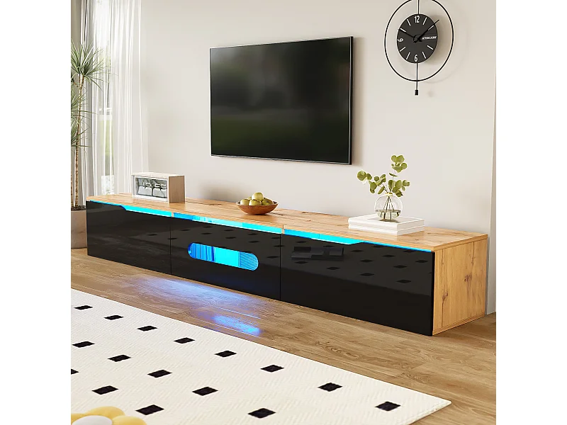 Meuble TV avec 3 portes et LED,meuble TV suspendu en noir laqué brillant et finition bois - 180x35x30cm