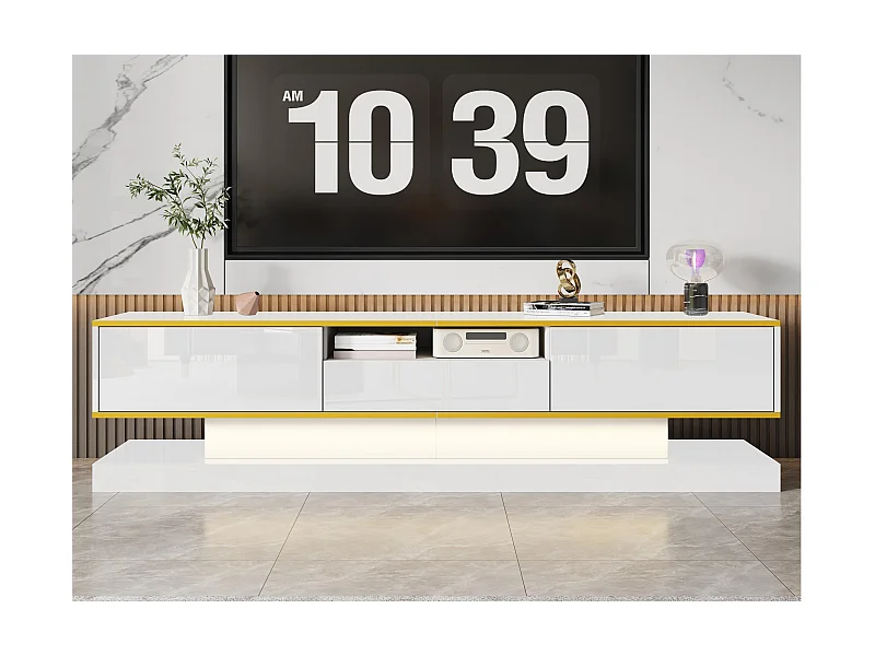 Meuble TV moderne 180x38x45cm - avec trois tiroirs - avec un compartiment ouvert - avec éclairage LED - blanc