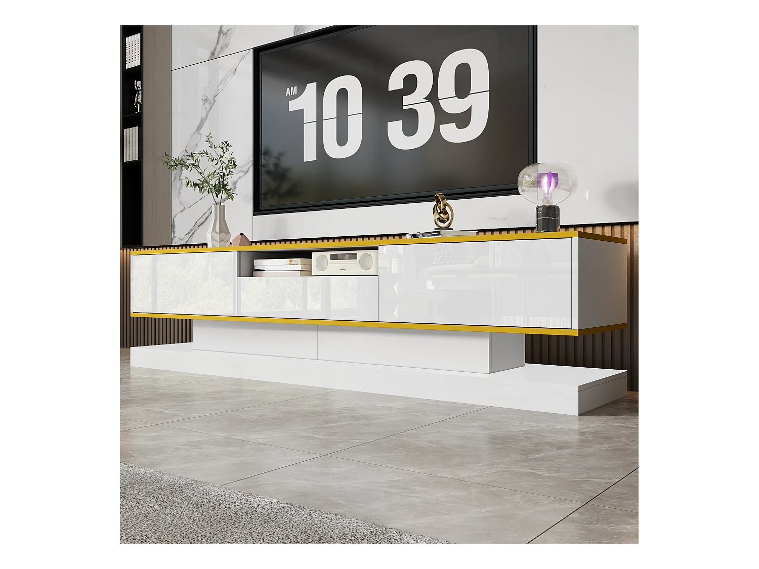 Nowoczesna szafka pod TV 180×38×45 cm - z trzema szufladami - z otwartą komorą - z oświetleniem LED - biała