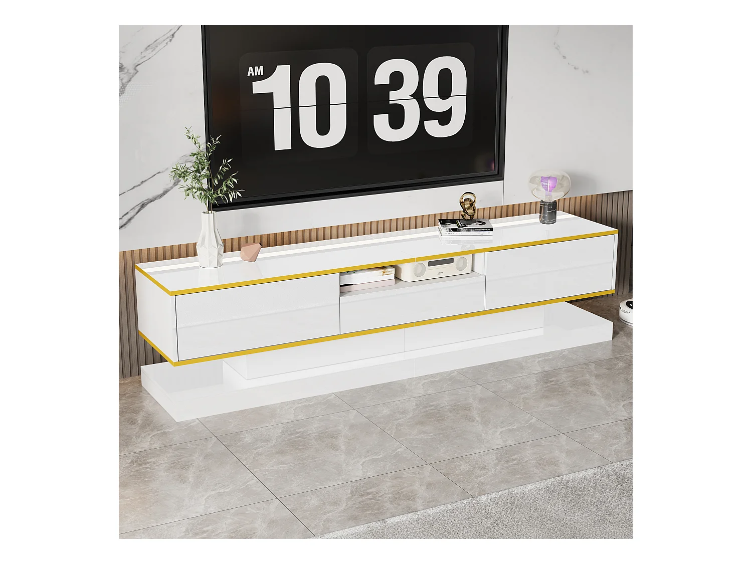 Nowoczesna szafka pod TV 180×38×45 cm - z trzema szufladami - z otwartą komorą - z oświetleniem LED - biała