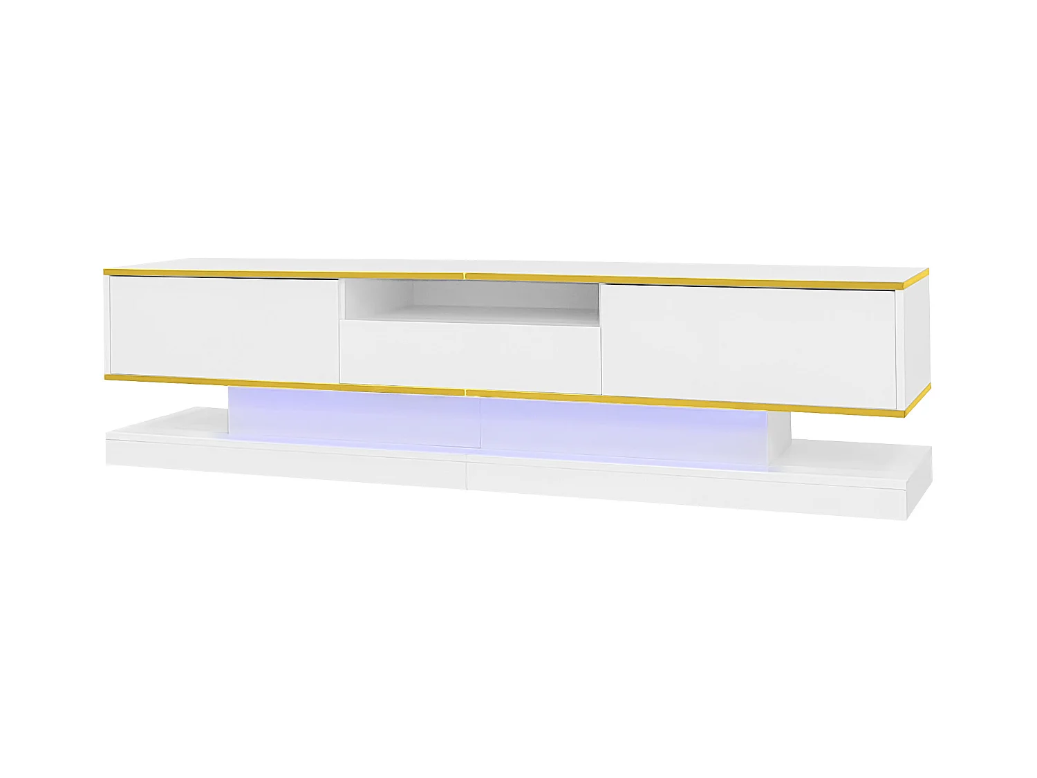 Nowoczesna szafka pod TV 180×38×45 cm - z trzema szufladami - z otwartą komorą - z oświetleniem LED - biała