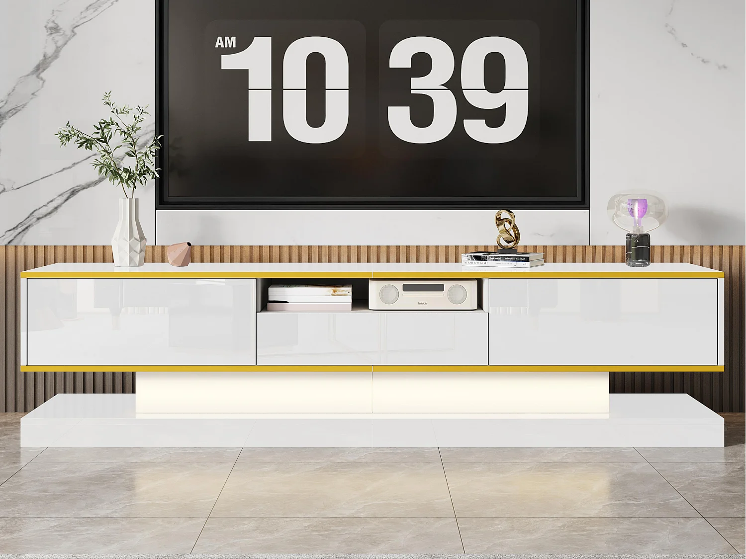 Meuble TV moderne 180x38x45cm - avec trois tiroirs - avec un compartiment ouvert - avec éclairage LED - blanc