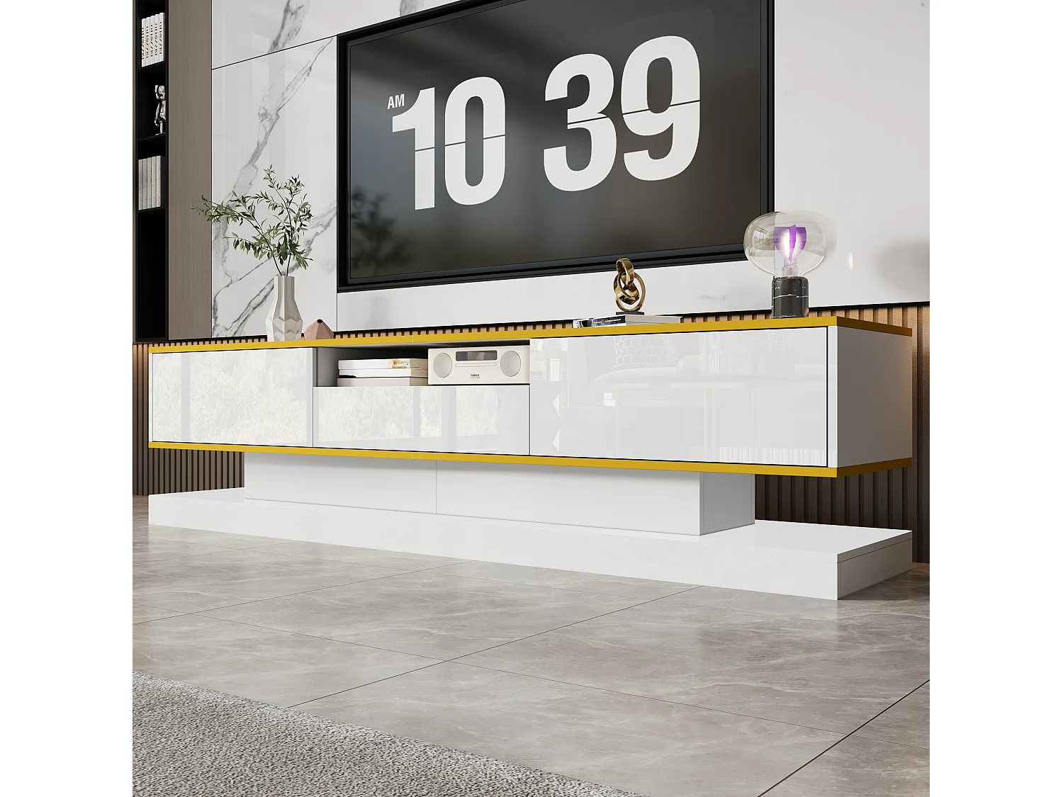 Meuble TV moderne 180x38x45cm - avec trois tiroirs - avec un compartiment ouvert - avec éclairage LED - blanc