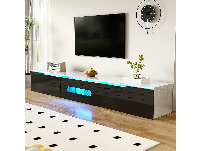 Móvel TV com 3 portas e LED, móvel TV de parede em laca preta brilhante e branca - 180x35x30cm