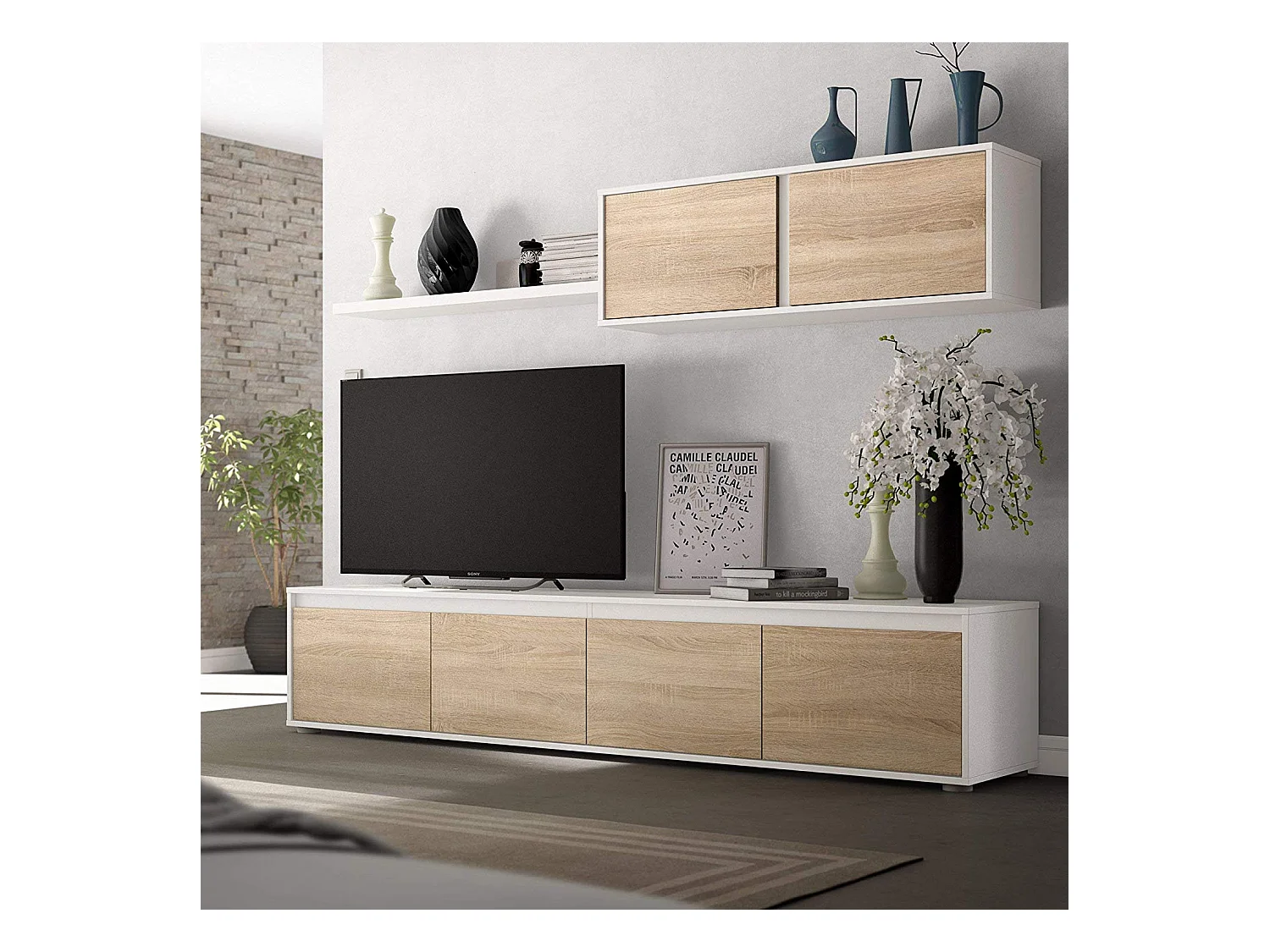 Parete Attrezzata Da Soggiorno Mobile TV 4 ante Pensile Con Pistoni A Gas E Mensola Sospesa Design Moderno Salvaspazio Salotto 200 x 43 x 41 Cm Bianco Lucido Rovere