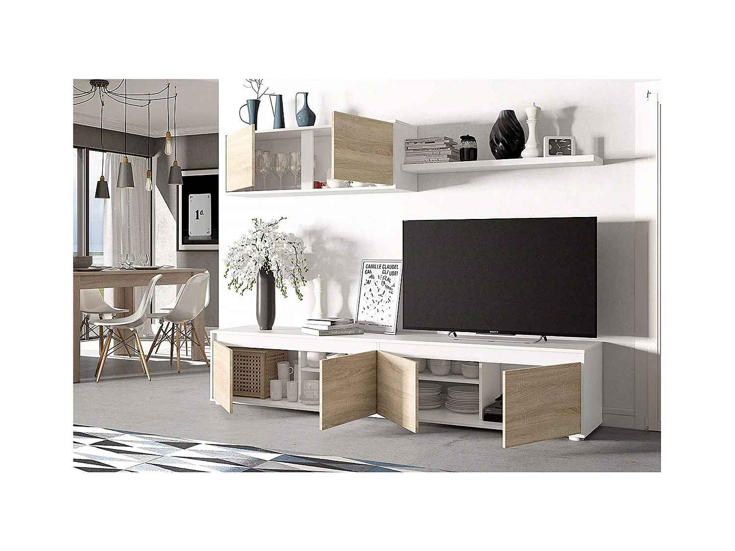 Parete Attrezzata Da Soggiorno Mobile TV 4 ante Pensile Con Pistoni A Gas E Mensola Sospesa Design Moderno Salvaspazio Salotto 200 x 43 x 41 Cm Bianco Lucido Rovere