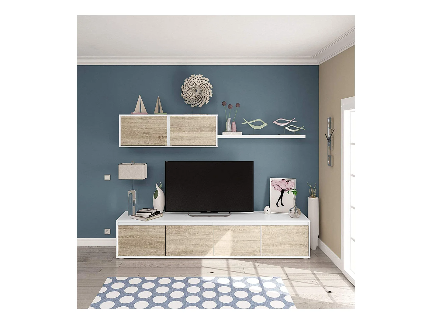 Parete Attrezzata Da Soggiorno Mobile TV 4 ante Pensile Con Pistoni A Gas E Mensola Sospesa Design Moderno Salvaspazio Salotto 200 x 43 x 41 Cm Bianco Lucido Rovere