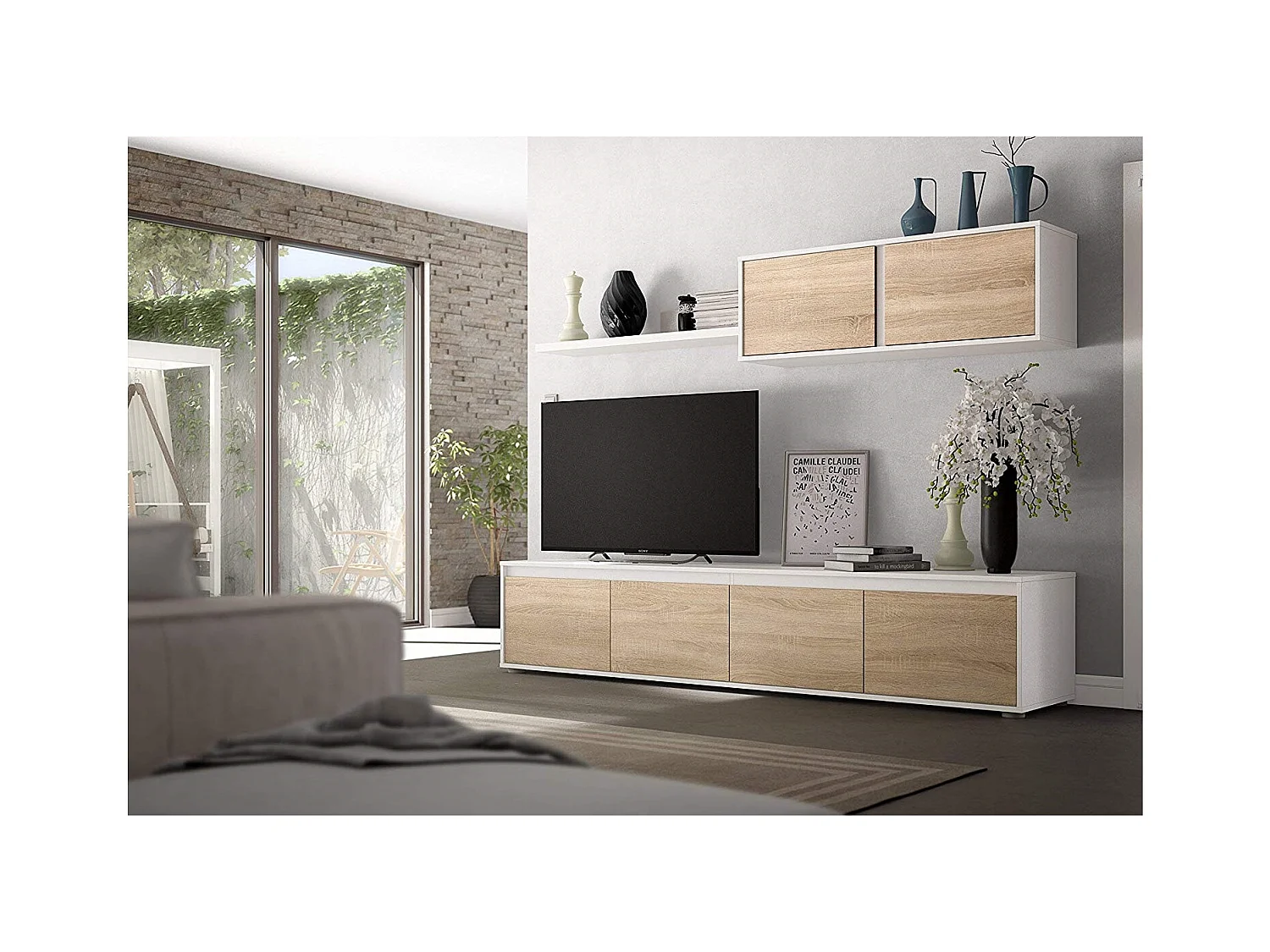 Parete Attrezzata Da Soggiorno Mobile TV 4 ante Pensile Con Pistoni A Gas E Mensola Sospesa Design Moderno Salvaspazio Salotto 200 x 43 x 41 Cm Bianco Lucido Rovere