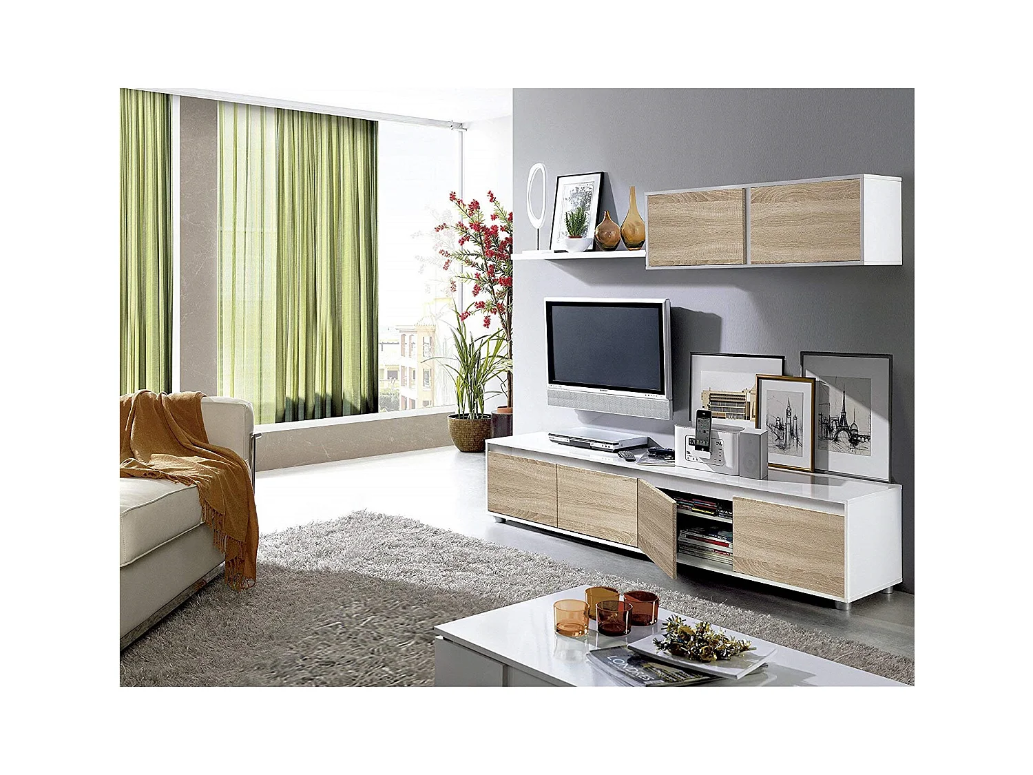 Parete Attrezzata Da Soggiorno Mobile TV 4 ante Pensile Con Pistoni A Gas E Mensola Sospesa Design Moderno Salvaspazio Salotto 200 x 43 x 41 Cm Bianco Lucido Rovere