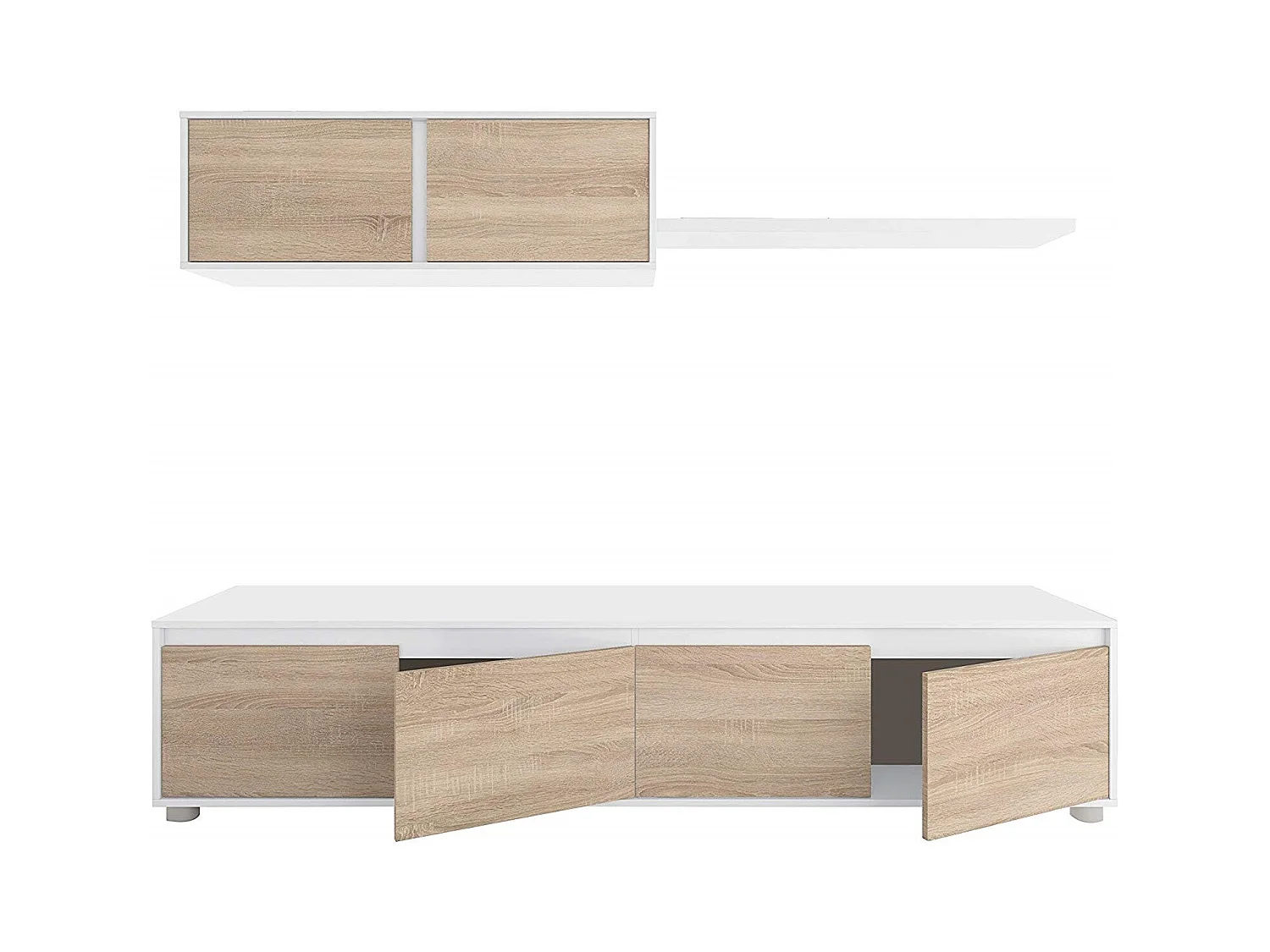 Parete Attrezzata Da Soggiorno Mobile TV 4 ante Pensile Con Pistoni A Gas E Mensola Sospesa Design Moderno Salvaspazio Salotto 200 x 43 x 41 Cm Bianco Lucido Rovere